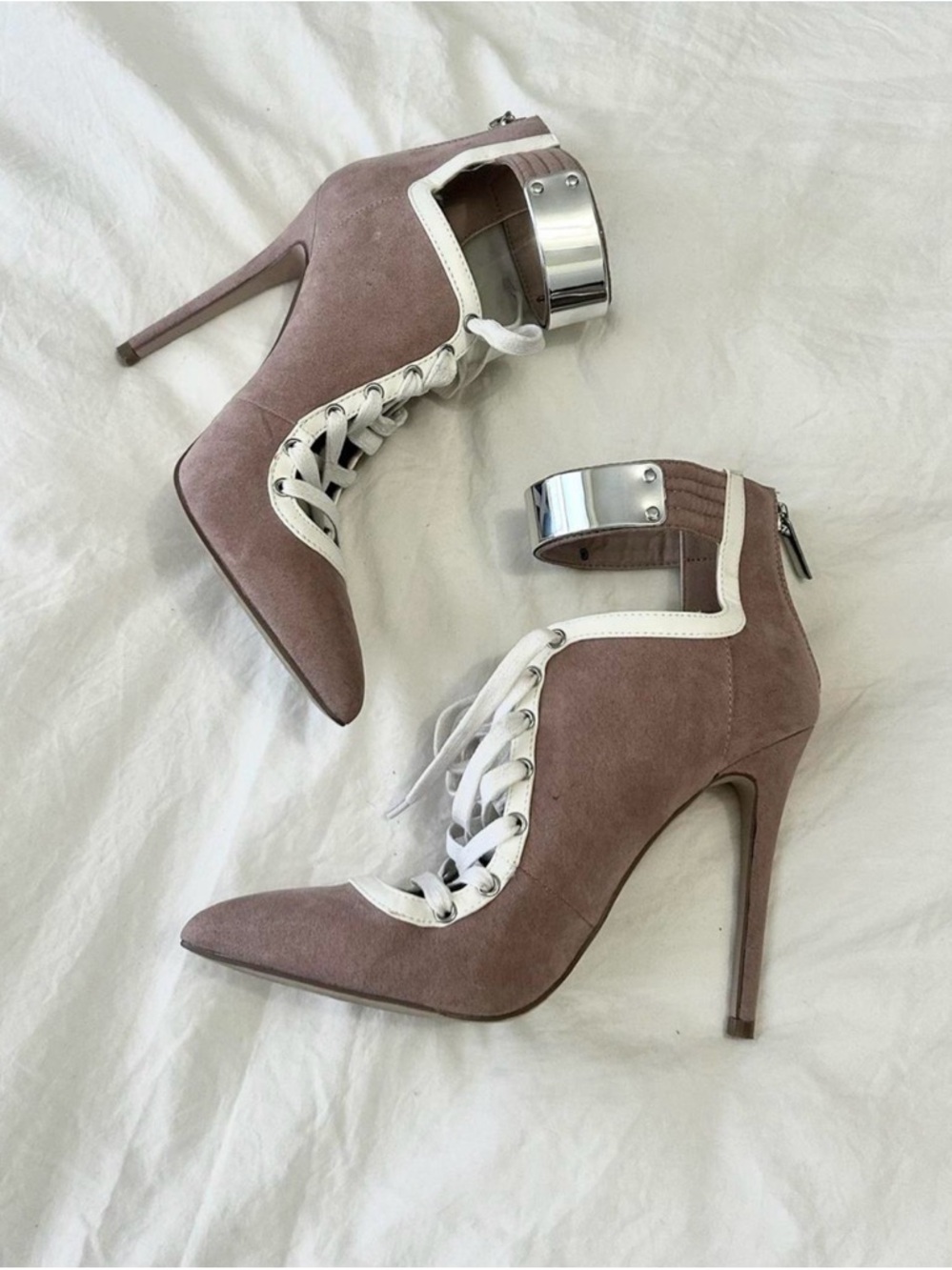 Women's Suede Lace-Up High Heel Bootie in Mauve with White Trim
